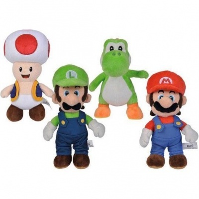 Peluches de personagens da Nintendo Toad, Luigi, Yoshi e Mario