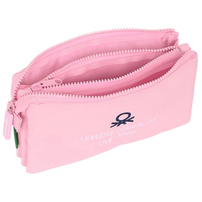 Estojo escolar rosa com dois fechos de correr e logo United Colors of Benetton