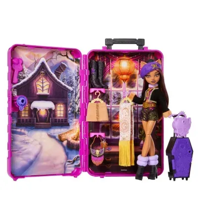 Mala de brinquedo rosa com boneca e acessórios no interior