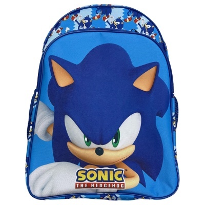 Mochila azul com desenho do Sonic e texto SONIC THE HEDGEHOG