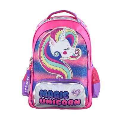 Mochila cor-de-rosa com estampa de unicórnio e bolso prateado com texto 'MAGIC UNICORN'