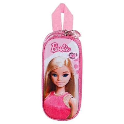 Estojo rosa com imagem da boneca Barbie e texto Barbie