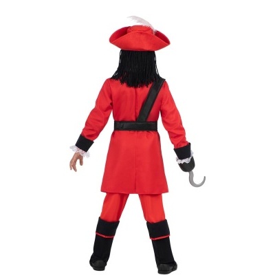 Fantasia de pirata infantil vermelha com chapéu, gancho e detalhes pretos vista de costas