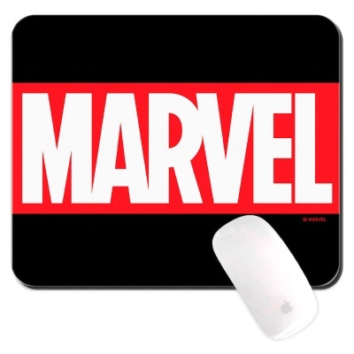 Tapete de rato preto com logótipo MARVEL em vermelho e branco
