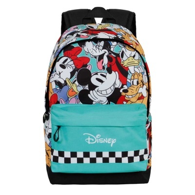 Mochila colorida com personagens Disney e bolso frontal azul turquesa com padrão quadriculado e logotipo Disney