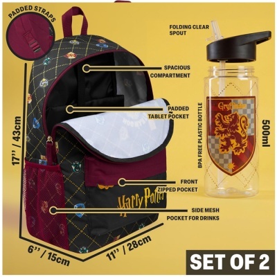 Mochila preta e bordô com padrão dourado e garrafa plástica transparente com emblema Gryffindor