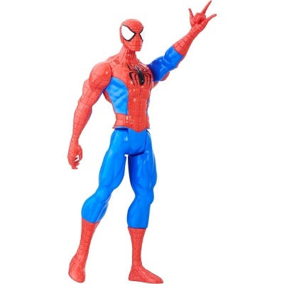 Figurina articulada do Spider-Man em plástico com fato vermelho e azul.