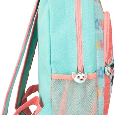 Mochila azul turquesa com detalhes rosa, rede lateral e pingente de gato no zíper