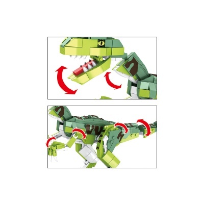 Brinquedo de dinossauro construído com blocos tipo LEGO em verde e castanho, com articulações móveis