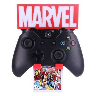 Suporte para comando Xbox com tema Marvel em vermelho, branco e imagens de banda desenhada