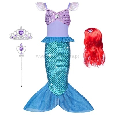 Fantasia de sereia para criança com vestido lilás e azul, peruca vermelha, coroa e varinha