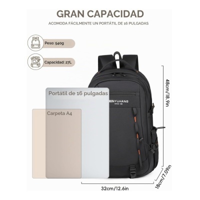 Mochila preta XINYUHANG com capacidade grande e dimensões indicadas junto a portátil de 16 polegadas e pasta A4