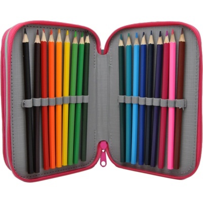 Estojo de lápis de cor aberto com lápis coloridos dentro