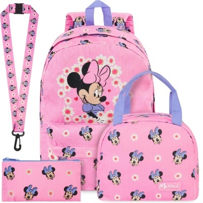 Conjunto escolar rosa Minnie Mouse com mochila, saco, porta-moedas e cordão