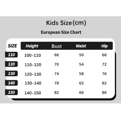 Tabela de tamanhos europeus para crianças com medidas de altura, peito, cintura e anca