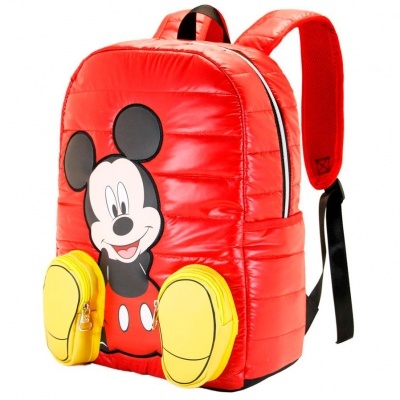 Mochila vermelha acolchoada com Mickey Mouse e bolsos amarelos