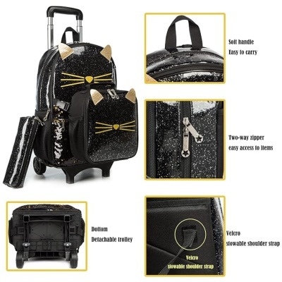 Conjunto mochila, estojo e trolley preto com desenho de gato e lantejoulas.