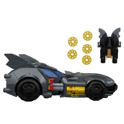 Carrinho de brinquedo cinzento com detalhes amarelos e vermelhos
