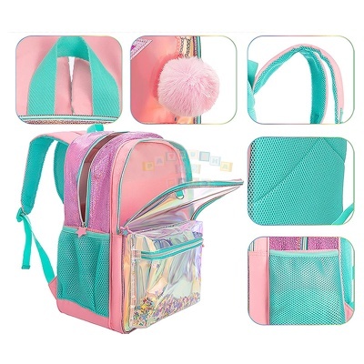 Mochila infantil rosa e azul claro com pompom e bolso holográfico