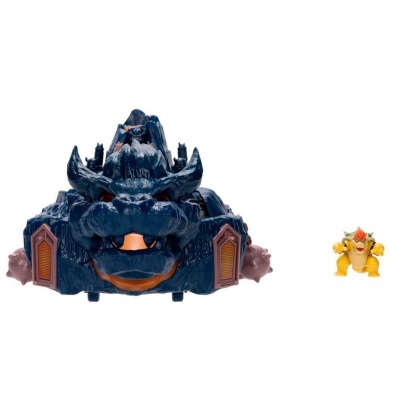 Figura de brinquedo Bowser amarela e castelo de brinquedo azul escuro com portões castanhos