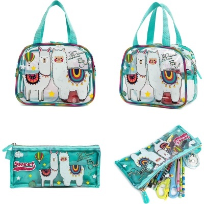 Bolsa e estojo turquesa com estampas de lhamas e texto em português