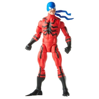 Boneco de ação de super-herói vermelho e preto com máscara azul e faixa azul