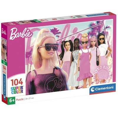 Puzzle Barbie com 104 peças, bonecas variadas e fundo rosa com palmeiras