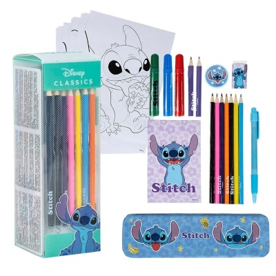 Conjunto escolar Disney Stitch com lápis, marcadores, caneta e materiais de desenho