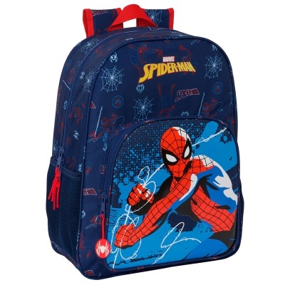 Mochila azul escuro com estampado do Homem-Aranha e texto MARVEL SPIDERMAN