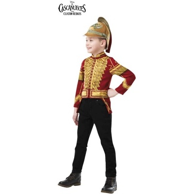 Fato infantil de soldado vermelho e dourado com calças pretas e chapéu com penacho