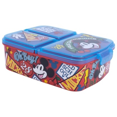 Lunch box plástico vermelho e azul com desenhos do Mickey Mouse e textos coloridos