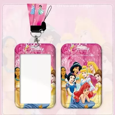 Suporte para cartão rosa com personagens Disney Princess e cordão com imagem das princesas