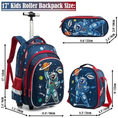 Conjunto mochila infantil de rodas azul com design de astronauta e planeta