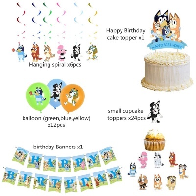 Conjunto de decoração de aniversário com espirais penduradas, balões, banner, topo de bolo e toppers para cupcakes com personagens coloridos