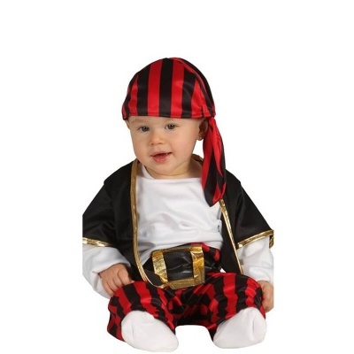 Bebé com fato de pirata vermelho e preto com cinto e faixa na cabeça