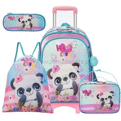 Conjunto de bagagem infantil com panda e texto HELLO LOVELY, em azul, rosa e lilás.
