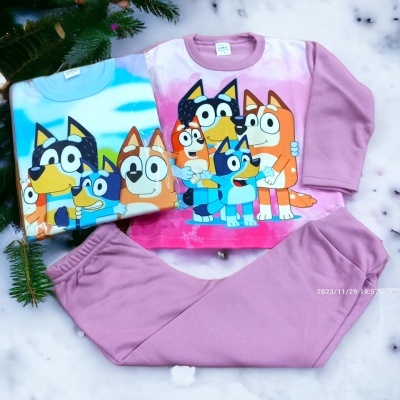 Conjunto de roupa infantil com camisola e calças nas cores rosa e azul com personagens de desenho animado 'Bluey' estampados.