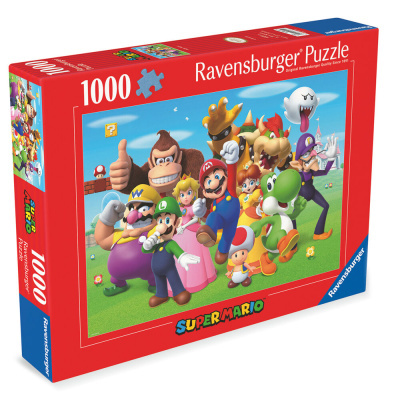 Caixa de quebra-cabeças Ravensburger 1000 peças com imagem da Super Mario e personagens coloridos
