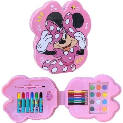 Estojo de arte rosa forma Minnie Mouse com canetas, lápis de cor, pincel e paleta de tintas aquarela