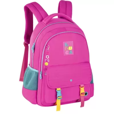 Mochila rosa com detalhes coloridos e bolso frontal com fivelas