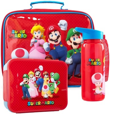 Conjunto Super Mario mochila, lancheira e garrafa vermelha com personagens do jogo