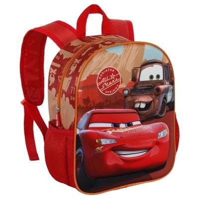 Mochila infantil vermelha com personagens de carros e texto Radiator Springs