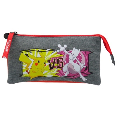 Estojo cinzento com fecho vermelho e decoração Pokémon de Pikachu vs Mewtwo