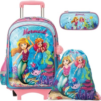 Mochila, estojo e saco tecido com estampado colorido de sereias e texto Mermaid