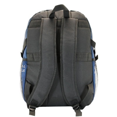 Mochila azul e preta vista de trás com alças acolchoadas e bolsas laterais em rede branca