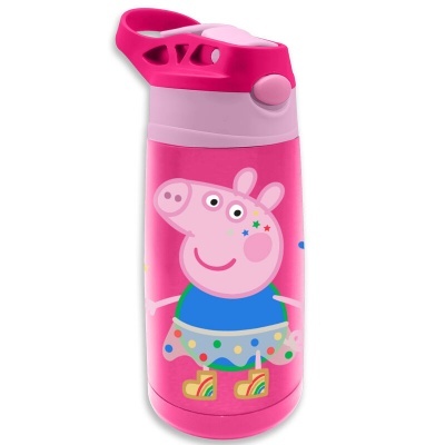 Garrafa térmica rosa com personagem de desenho animado e tampa rosa
