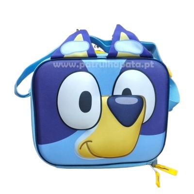 Mochila infantil azul em forma de rosto de cão com alça e fecho amarelo