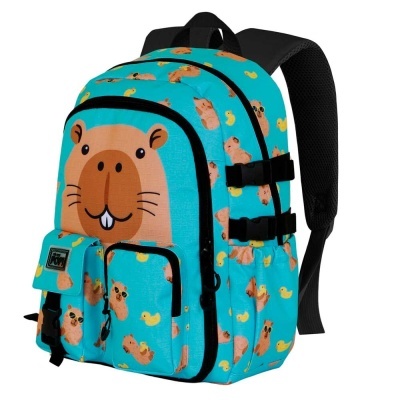 Mochila azul com padrão de castores e patos, rosto de castor na frente