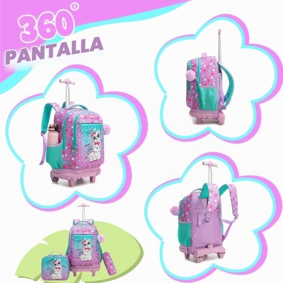 Mochila infantil com carrinho e acessórios em lilás, rosa e verde água com ilustração e pompons