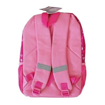 Mochila rosa para crianças com alças acolchoadas e padrão de flores.
